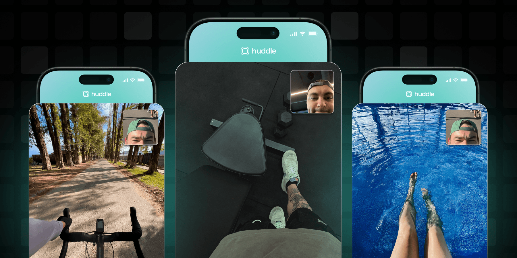 Huddle showing cycling, gym, and swimming activities with friends in a group video call.