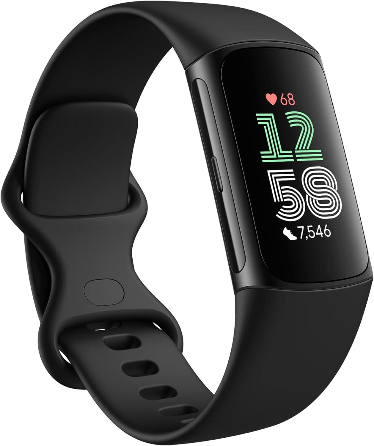 Black Fitbit Charge 6 fitness band showing heart rate and steps